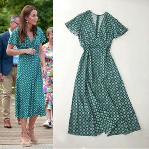 Kate Middleton Printed Flowing V-neck Midi Summer Casual Vintage Green Tea Dress